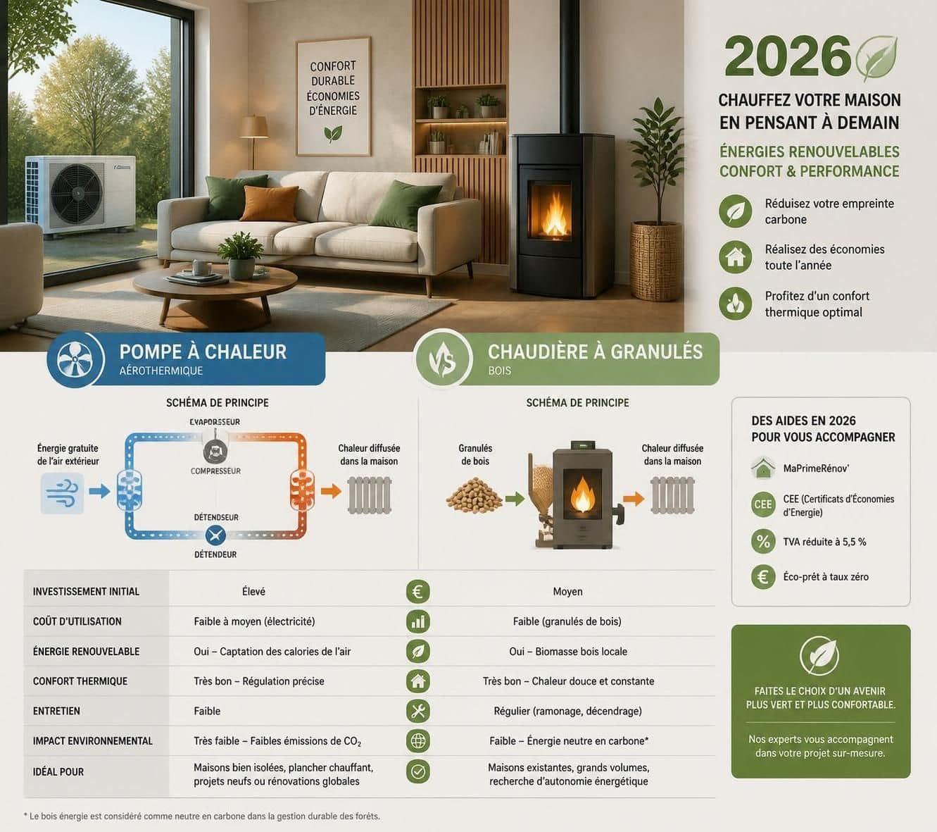 découvrez les avantages et inconvénients de la pompe à chaleur et de la chaudière à granulés pour faire le meilleur choix de chauffage écologique et économique.