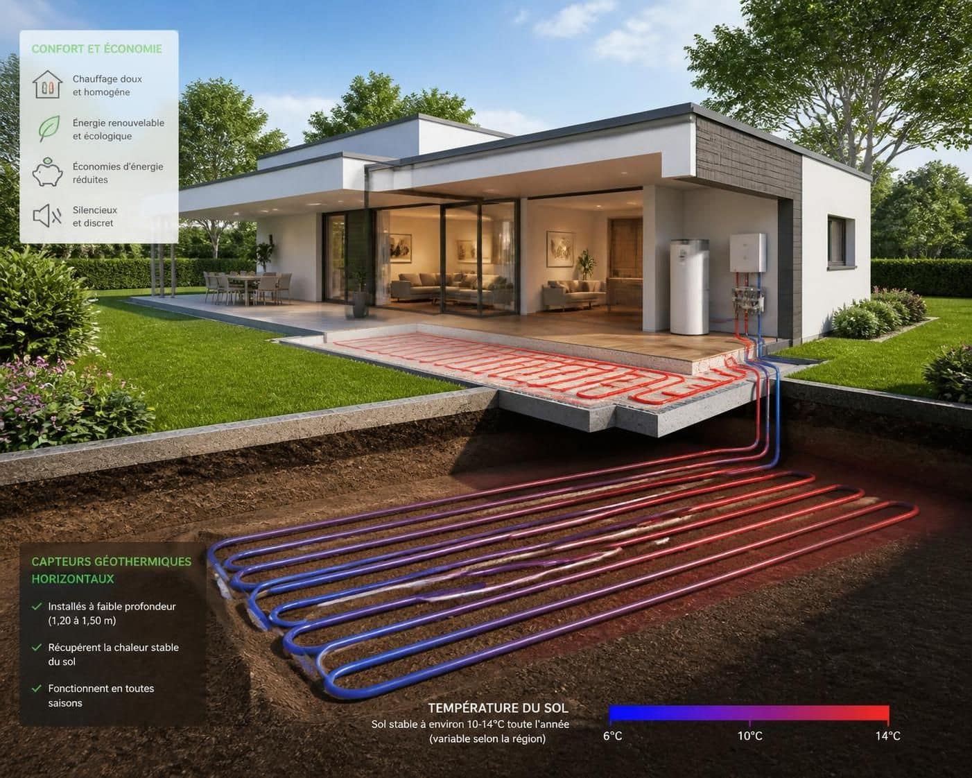 d&eacute;couvrez les avantages et les co&ucirc;ts de la g&eacute;othermie pour les maisons individuelles, une solution &eacute;cologique et &eacute;conomique pour le chauffage et la climatisation.